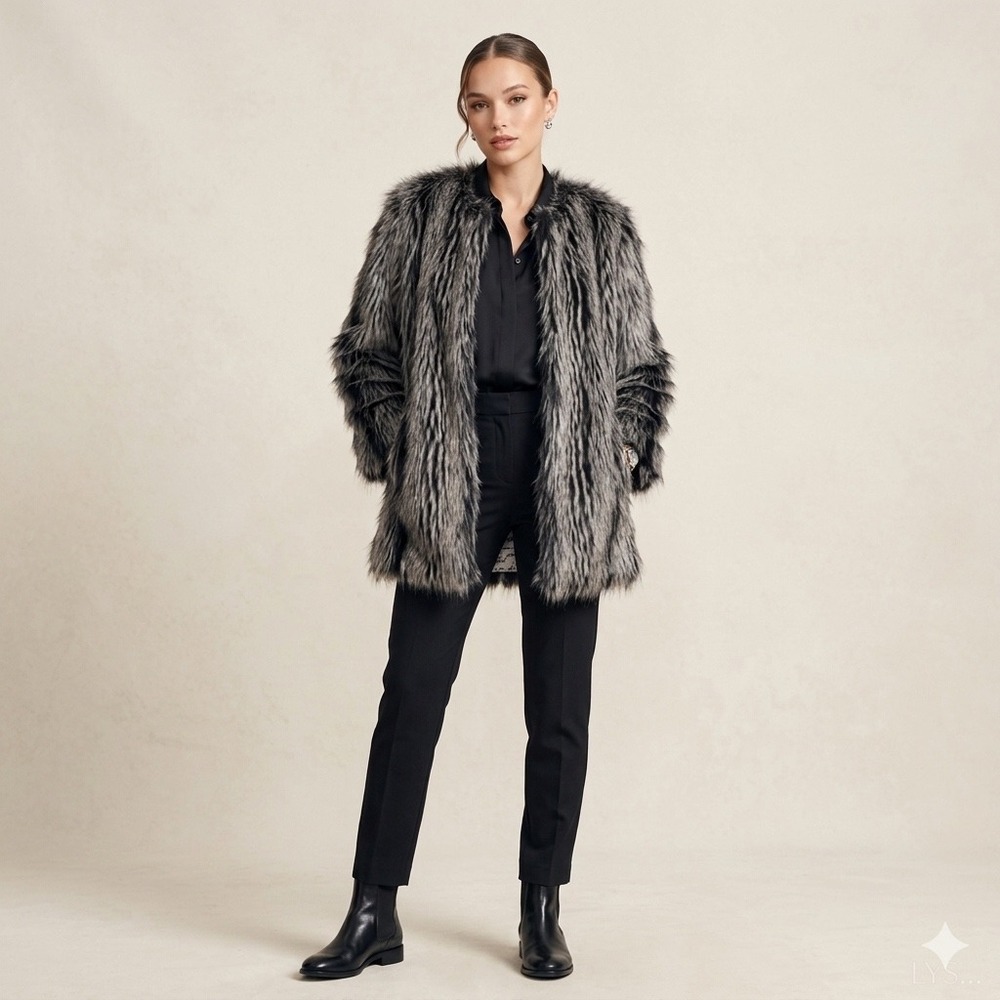 Lyric Culture‎ Janis Joplin Adrienne Landau Faux Fur Coat Gray Black 2X Womens